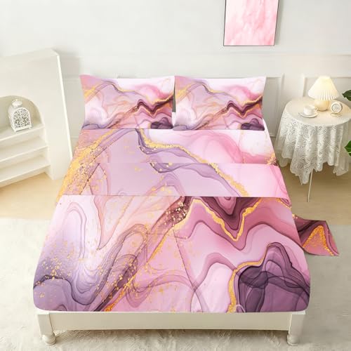Pink Marble Sheets Set Full for Girls Elegant Pink and Gold Bedding Set with Deep Pocket Abstract Bed Set with 1 Fitted Sheet 1 Flat Sheet and 2 Pillowcases - color: Marble Pink-a, size: Full