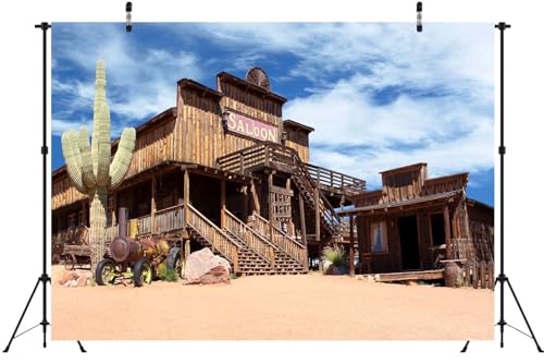 10x10ft Fabric Western Town Backdrop Western Town Saloon Photography Background Countryside Wood House Background Rural Western Bar Desert Photo Backdrop Birthday Party Photo Prop - size: 10x10ft