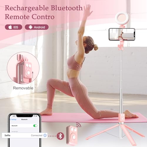 Selfie Stick Tripod with Fill Light, Phone Selfie Stick,Durable Stainless Steel Design,Bluetooth Remote Control,and Stable Three-Legged Support for Live Broadcasts,Video Shooting (Pink) - color: Pink