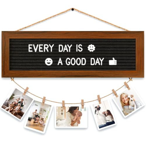 CJIAWYS Picture Frames Collage Photo Hanging Display, Felt Letter Board with 340 Letters and 15 Clips, Picture Board Rustic Frames for Wall Dorm Room Decor Christmas Holiday Birthday Party Present - color: Brown Frame and Black Felt (1 Hemp Ropes)