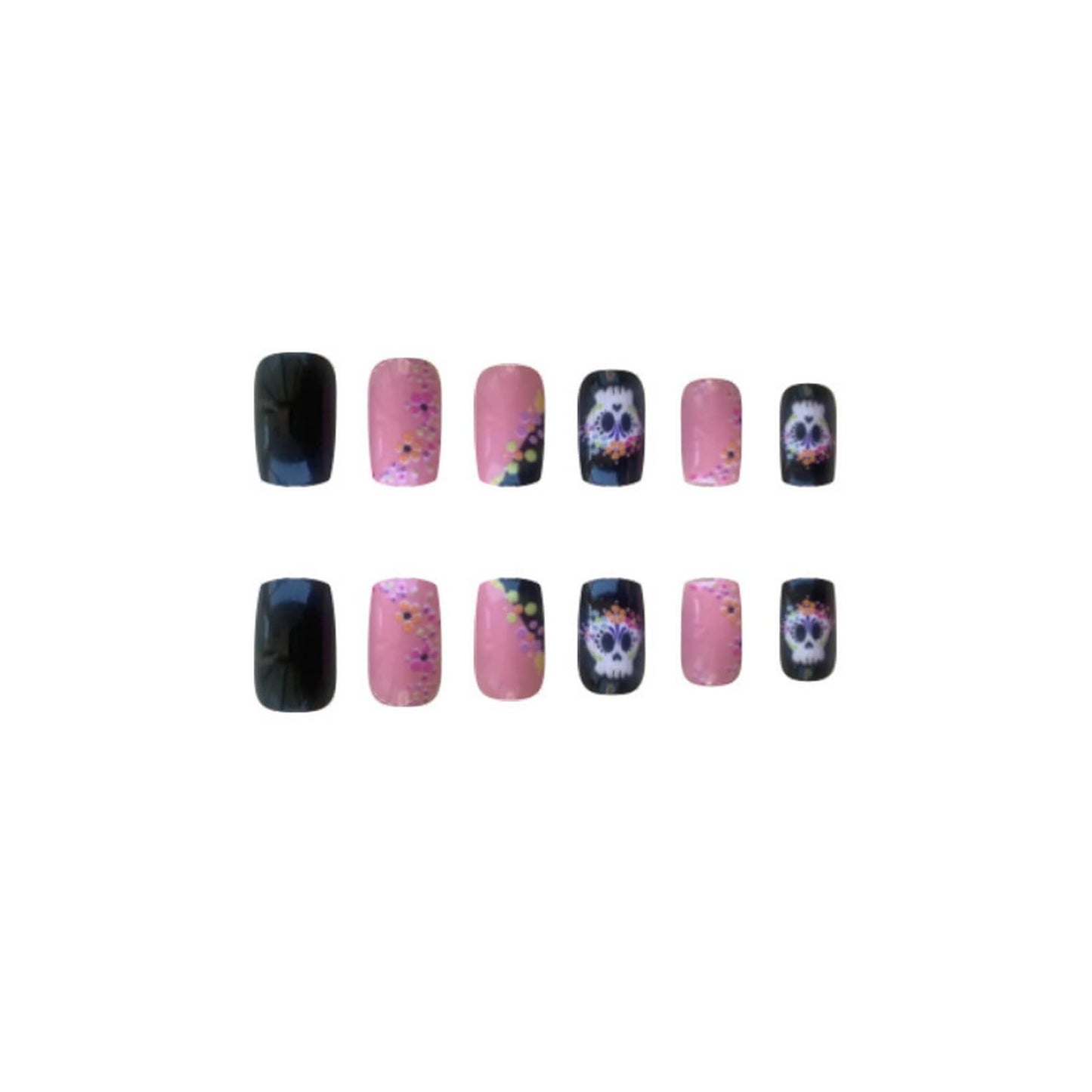 Halloween Press on Nails Short Square Fake Nails with Cute Skull Designs Pink and Black Acrylic False Nails Halloween Nails Full Cover Stick on Nails for Women24pcs