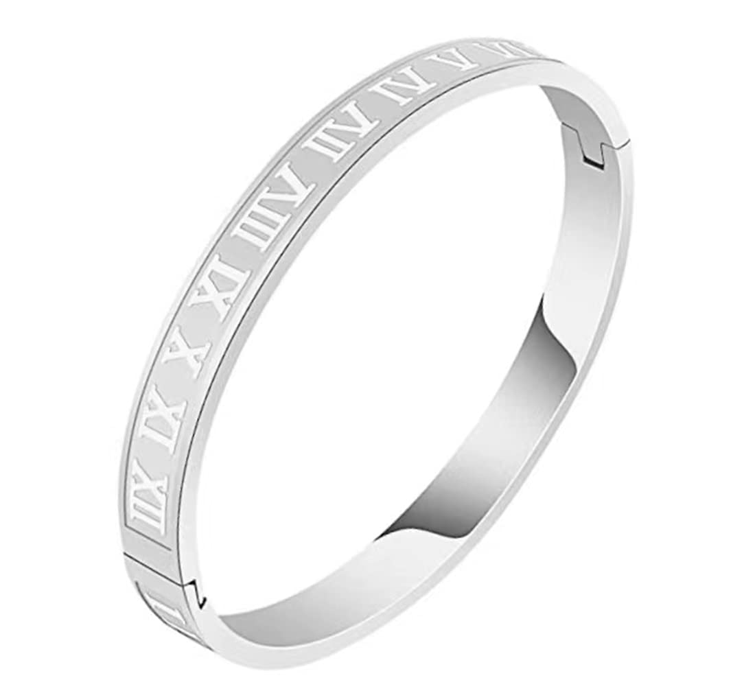 Jarlinwel Gold Silver Plated Bracelets for Men Women Roman Numeral Bangle Bracelet Stainless Steel Personalized Engraved Unisex Gift (Silver 6mm Womens)