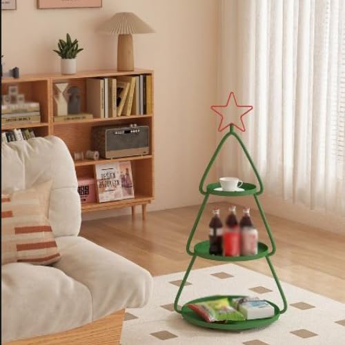 ZYFAB 3-Tier Christmas Tree Display Stand, Green Metal Serving Tower with Red Star Topper Decorative Storage Shelf for Drinks and Snacks,B