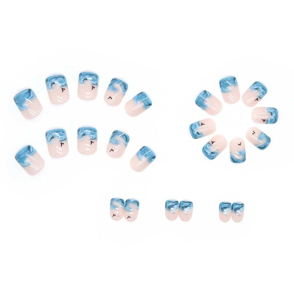 Foccna Glossy French Tip Press on False Nails-Tips Short Square Fake Fingers Nails Ocean Desig False Nails with Jelly Sticker 24PCS