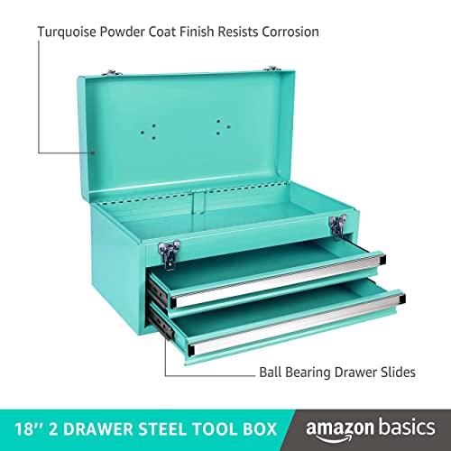 Amazon Basics Steel Tool Box Storage and Organization Drawers, Tool Storage with Powder Coat Finish, 18.11 x 8.66 x 9.45 in, Turquoise