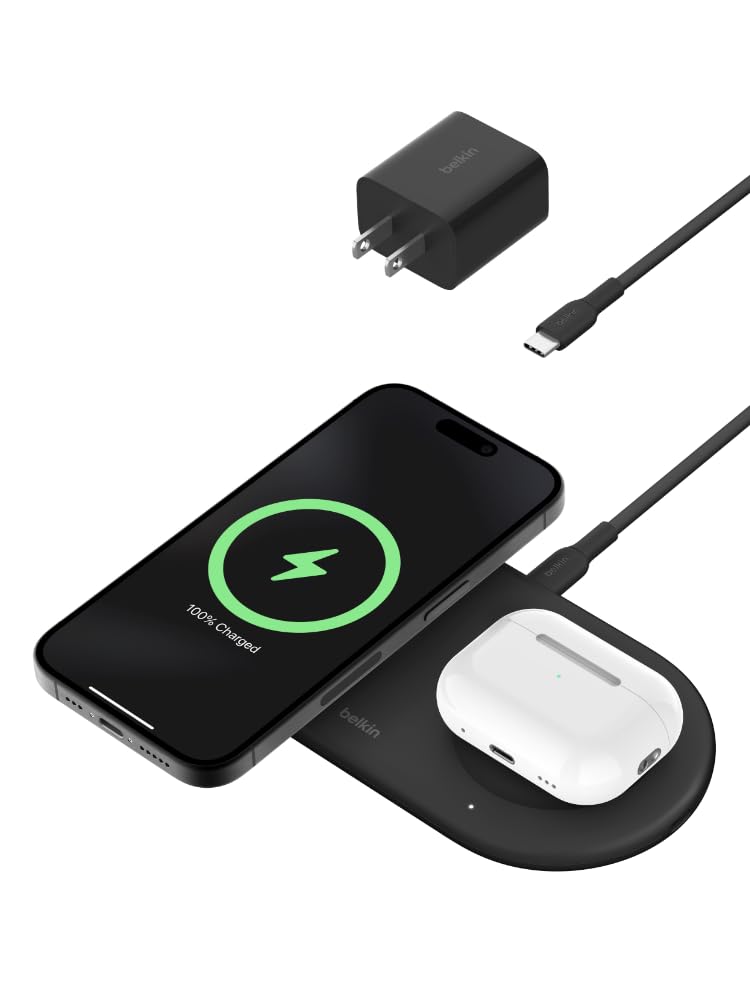 Belkin 2-in-1 Wireless Charging Pad w/ Qi2 15W + Additional USB-C Port - MagSafe-Compatible Charger, Charging Station for iPhone 16 & 15 Series, Samsung Galaxy S25 Series, AirPods, & More - Black