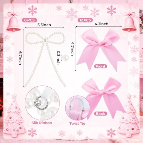 18 Pcs Pink Bow Ornaments for Christmas Tree,Include 6 White Pearl Bows 12 Pink Satin Ribbon Bows,Bow Ornaments Christmas Tree Toppers for Home Wreath Fireplace Xmas Gift Packaging Wedding Party Decor