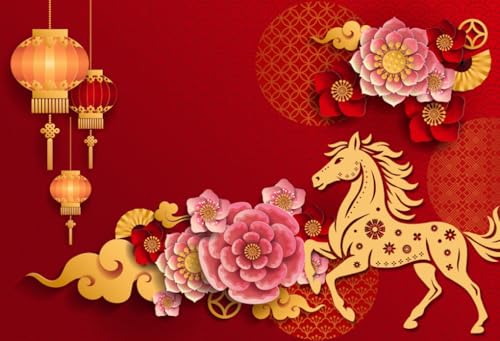 AOFOTO 10x6.5ft Happy Chinese New Year Backdrop China Spring Festival Lunar Year of The Horse Decoration Banner Paper Cut Flowers CNY Lanterns 2026 Background Party Supplies Photoshoot Studio Props - size: 10x6.5ft