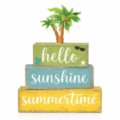 GlikCeil 4 Pcs Summer Wooden Tabletop Decor Hello Summer Tiered Tray Decor Sunshine Centerpiece Rustic Summertime Decorative Block Sign Gift Farmhouse Rustic Table Decoration for Home Kitchen Decors - style: Coconut Tree