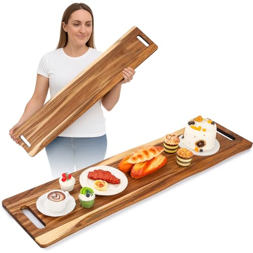 Baderke Large Charcuterie Board with Handles 48 x 12 Inch Rectangular Wood Serving Board Acacia Serving Tray Long Cheese Platter for Meat Food Party Appetizers Fruits Display Kitchen Outdoor Use