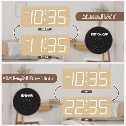 DreamSky Wooden Digital Alarm Clock for Bedroom with Large Numbers | Desk Clock for Living Room Office, Loud Alarm for Heavy Sleepers Adults, Volume Control, Dimmer, DST, Wood Decor (Plug-in)