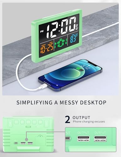 JALL Digital Clock with Date Day for Seniors, Electric Alarm Clocks for Bedrooms with Temperature, 2 Alarms, Dimmer, Dual USB Charger, Battery Backup, Volume Control, Snooze, Bedside Desk Clock, Green