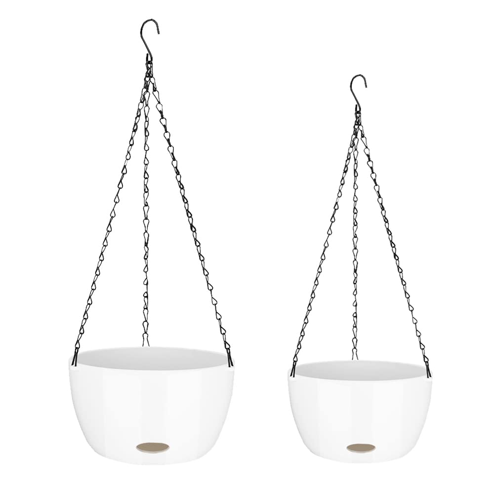 Sungmor Self Watering Hanging Planter for Indoor Plants, 9.4" & 11.2" 2-PACK Large White Plastic Hanging Basket, Garden Flower Pots with Hanging & Standing Design, Thickened Sturdy Drainage Plant Pots