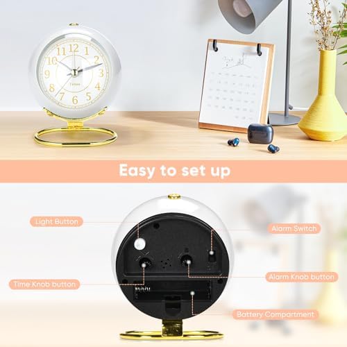 Analog Alarm Clocks,Retro Backlight Cute Simple design Small desk Clock With Night Light,Silent Non-Ticking,Battery Powered,For Kids,teens,Bedroom,travel,kitchen,Bedside Desk decor. (Bright White)