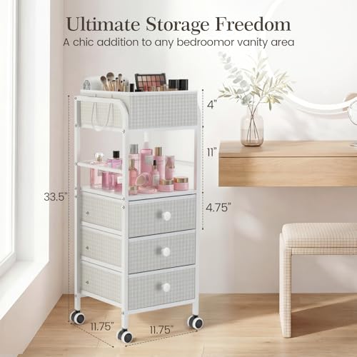 2-in-1 Makeup Organizer Cart with Removable Travel Cosmetic Bag, 5 Tier Rolling Makeup Cart on Wheels with Drawers, Floor Cosmetic Display Cases Holder for Vanity Skincare Perfume Nail Polish Storage