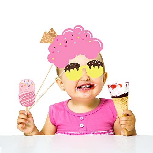Generic Ice Cream Photo Booth Props, 25PCS (Ice Cream) with Bamboo Sticks & Glue Dots, Paper, Round Shapes, Pink, Cartoon Pattern, 7.8 x 10 Inches, Perfect for Parties & Events - color: Ice Cream