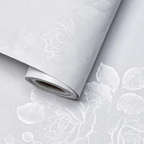 White Wallpaper Silk Embossed Floral White Contact Paper for Cabinets Furniture 197inL 17.7inW Textured Thicken Self Adhesive Wallpaper for Bedroom Flower Solid Contact Paper Vinyl Shelf Liner - color: White, size: 17.7" x 197"