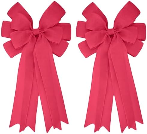 Meseey Double Pack 20X10 Inch Oversized Hot Pink Burlap Bows Farmhouse Christmas Tree Topper & All-Weather Wreaths Decor, Heavy Duty Gift Wrapping Accents for Front Door/Cabinet (Hot Pink)