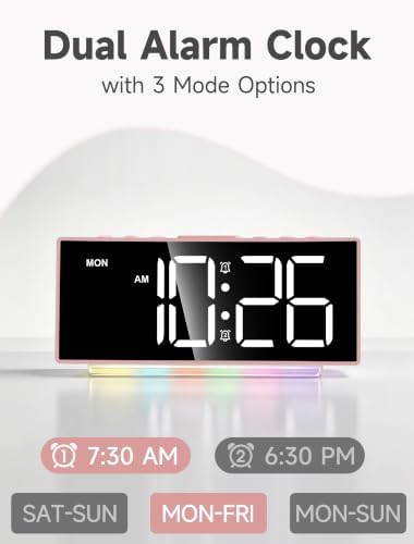 Cadmos Modern Curved Cute Digital Alarm Clock,Colorful Led Display,Adjustable Volume,Weekday/Weekend Mode,Simple Clock for Bedrooms Bedside,Ok to Wake Up for Girls,Kids,Teens (Pink+Dynamic)