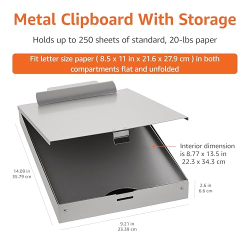 Amazon Basics Metal Clipboard with 2 Compartments, Letter Size, 250 Sheet Storage Capacity, Office Supplies, Silver, 14.09 x 9.21 x 2.6 inches