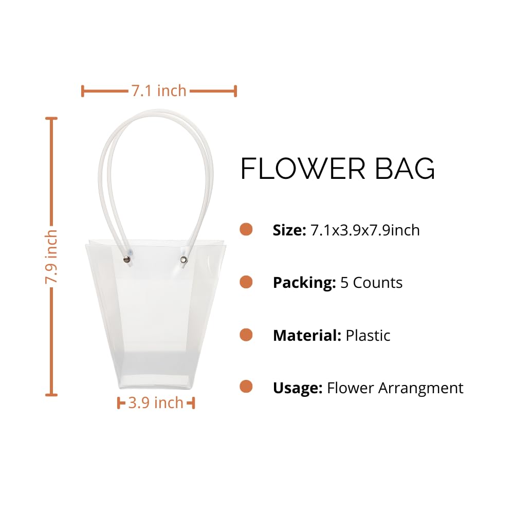 BBJ WRAPS Clear Flower Bouquet Bags with Handle Florist Shop Packaging Supplies, 5 Pcs (4 * 7 * 7.9 inch)
