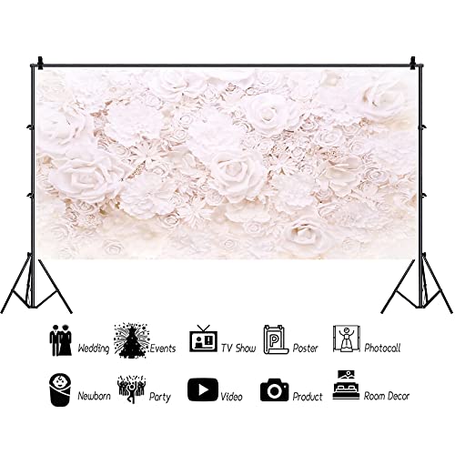 AOFOTO 15x8ft White Flowers Wall Backdrop Elegant Roses Romantic Wedding Bridal Shower Photography Background Baby Shower Party Valentines Mother's Day Photo Banner Studio Props Wallpaper - size: 15x8ft