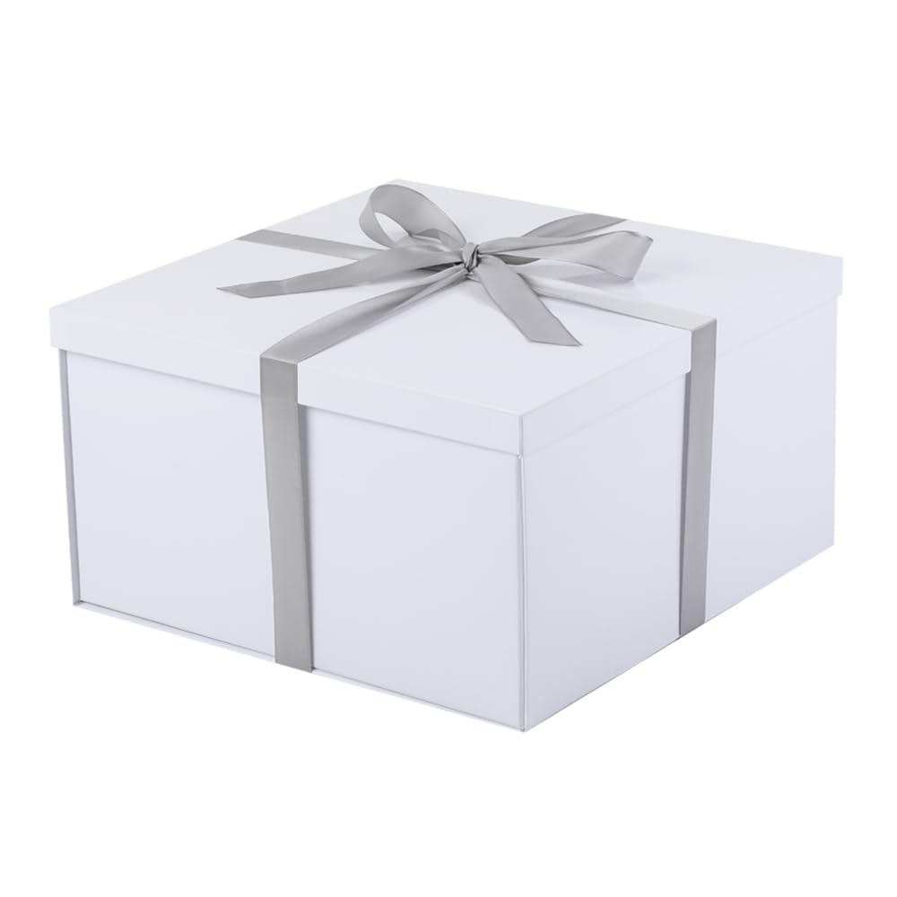 UoeRing 1Pcs White Extra Large gift box with lids 13×13×7 Inches gift boxes for presents,Birthday Box (include Ribbon, Paper Shred Filler Gift Card & Envelopes)