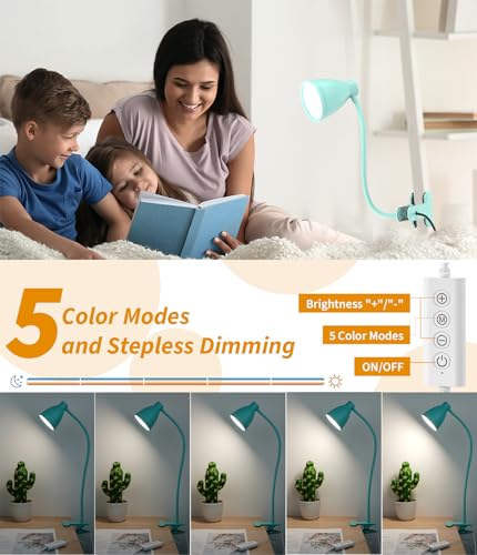 BOHON Desk Lamp with Clamp, 10W 38 LED Clip on Light, 5 Color 10 Brightness Auto Off Timer, Flexible Gooseneck Clip Lamp, Desk Lights for Office Home Bed Bedside Reading, Adapter Include, Teal - color: Teal