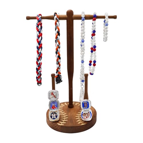 rain bunny Wooden Baseball or Softball Drip Necklace Organizer Holder, Championship Ring Display Holder, Softball Ring Holder, Drip Necklace Baseball Display Gift (Walnut Round Base) - color: Walnu Round Base