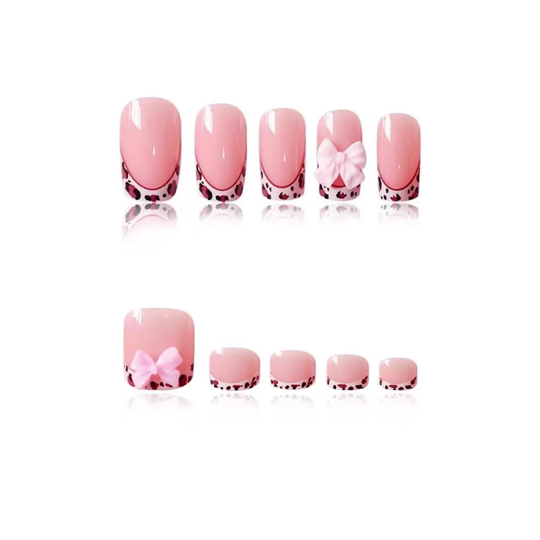 48Pcs Short Press on Nails Square & Press on Toenails Set, Pink Press on Nails Leopard Print French Tip Fake Nails with Bow Design Press on Toe Nails for Women Manicure Kit