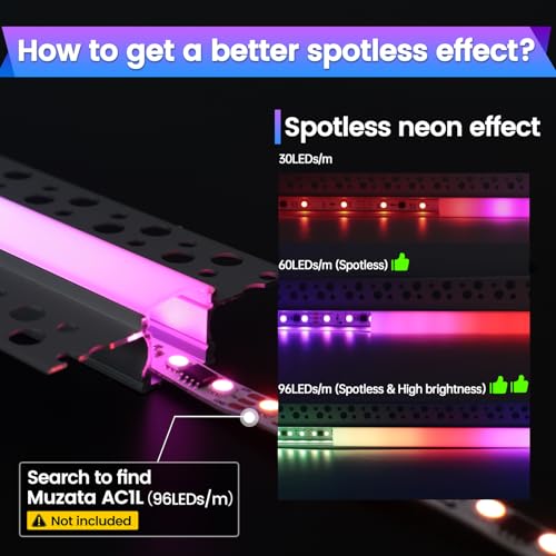 Muzata 5Pack 3.3FT/1M Plaster in LED Channel Trimless Recessed LED Strip Diffuser Channel Spotless Deeper Wider for Drywall Ceiling Wall U117 WW 1M - size: 5pack*1m/3.3ft