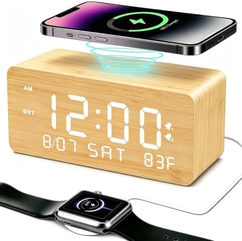 Andoolex Wooden Digital Alarm Clock with Wireless Charging, 0-100% Adjustable Brightness Dimmer and Alarm Volume, Weekday/Weekend Mode, Dual Alarm, Snooze, 12/24H, Wood LED Clock for Bedroom (Bamboo)