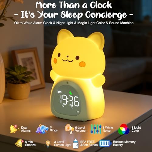 Cat Alarm Clock for Kids, Rechargeable Ok to Wake Clock with Night Light - BPA-Free Silicone Sleep Training Clock, Cute Toddler Wake Up Clock for Boys Girls Bedroom