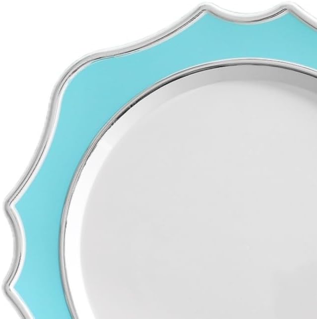 " OCCASIONS " 10 Pieces 13.25'' Scalloped Disposable/Reusable Plastic Charger Plates for Wedding, (Scalloped Imperial Turquoise Blue/Green & Silver)