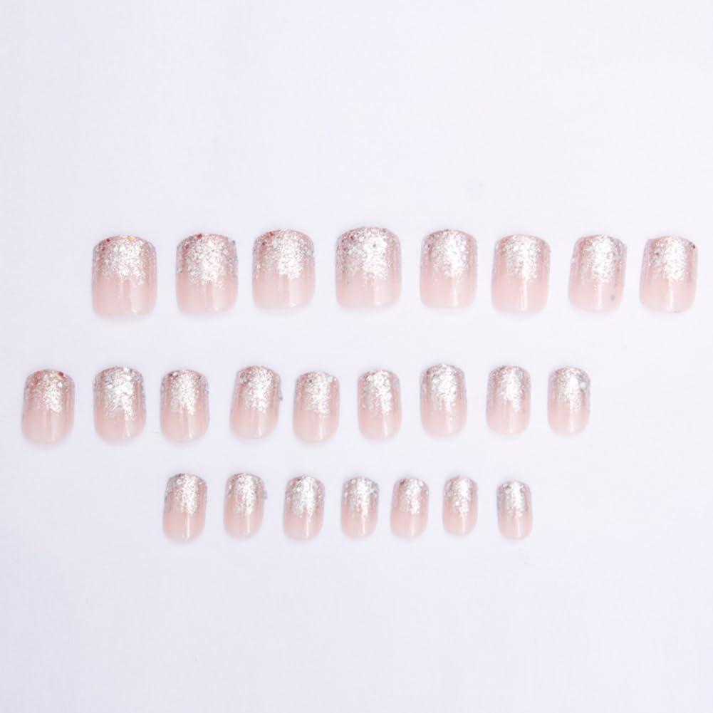 Hrnsnails Nails Press ons,Glitter Ombre Short Square Press on Nails Fake Nails Acrylic Artificial Nails Sparkly Sequins Stick on Nails for Women 24Pcs