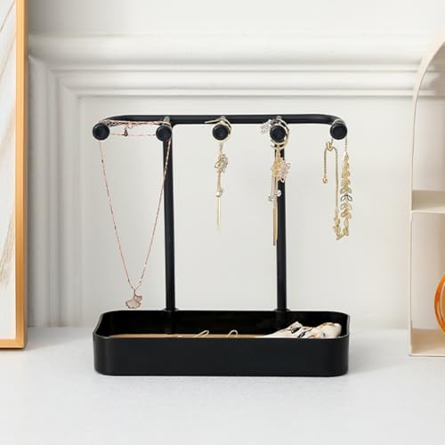 esowemsn 1PC Black Desktop Jewelry Organizer Stand Plastic Earring Holder Keychain Bracelet Holder with Wooden Tray 5 Hooks Necklaces Hanging for Necklaces,Bracelets,Chains,Rings,Earrings,Keys - color: Black