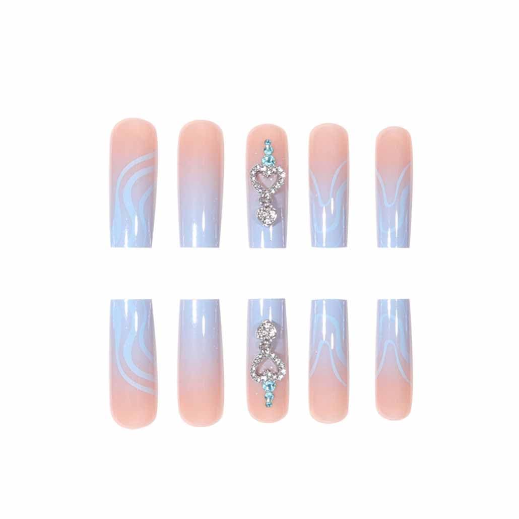 Foccna French Press on Nails Long Blue Fake Nails Square Bling Glossy Rhinestone False Nail Tips Artificial Nails Finger Manicure for Women and Girls-24pcs