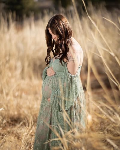 Saslax Soft Stretchy Lace Off Shoulder Doubly Split A-line Skirt Maternity Dress Pregnancy Maxi Gown for Photoshoot - color: Sage, size: Medium