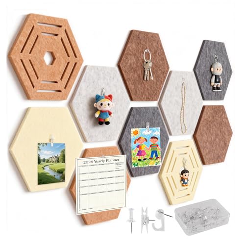 10 Pcs Hexagon Bulletin Board,11.8x10.23x0.47inch Self-Adhesive Felt Bulletin Board Tiles Pinboard Boho Home Office Wall Decor Pin Display Boards for Vision Photo Memo (40 Push Pins,10 Clips,10 Hooks)