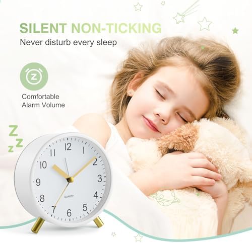 Analog Alarm Clock, Silent Non-Ticking with Night Light, Fashionable Round Metal Alarm Clock for Office, Battery Operated, Bedroom, Elderly, Adults, Children, Kids, Student Gifts