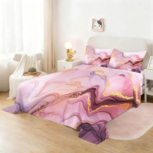 Kids Pink Marble Sheets Set Queen Soft Microfiber Kids Girls Modern Bedding Set Glitter Pink and Gold Bedding Set Modern Abstract Art Sheets for All Ages - color: Marble Pink-a, size: Queen