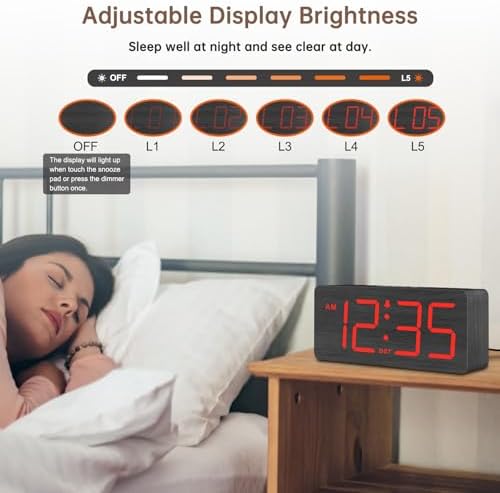 DreamSky Wooden Digital Alarm Clock for Bedroom with Large Numbers | Desk Clocks for Living Room, Loud Alarm for Heavy Sleepers with Volume Control, Dimmer, DST, Office Wood Decor (Plug-in)
