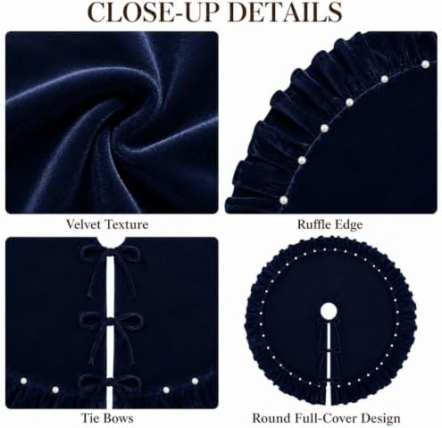 Christmas Tree Skirt,Velvet Tree Skirt with Ruffled Edge and Pearls, Classic Large Velvet Fur Plush Tree Skirt for Merry Christmas(Nevy,60Inch)