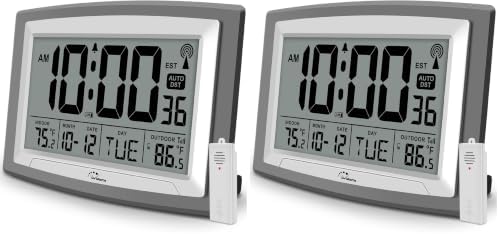 WallarGe Atomic Clock with Outdoor and Indoor Temperature - 12.5 Inch Self-Setting Digital Clock Large Display, Battery Operated Wall Clocks or Desk Clocks for Bedroom, Livingroom, Office (Pack of 2)