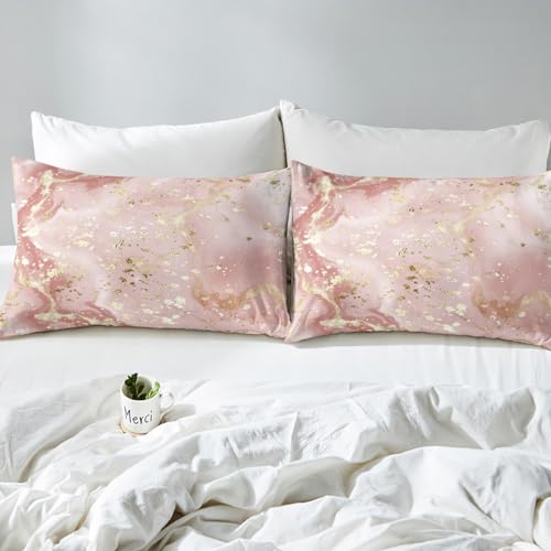Manfei Marble Texture Fitted Sheet Pink Marble Pattern Golden Sequins Print Bedding 3pcs Microfiber Bed Sheet Set (1 Fitted Sheet + 2 Pillow Cases) Queen Size - color: Multi 17, size: Queen (60*80*16")
