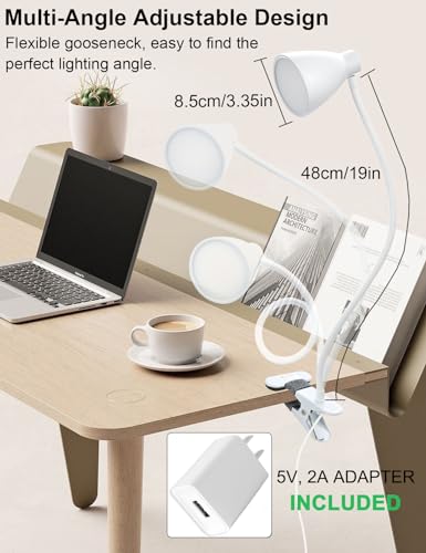 BOHON Clamp Lamp Reading Light 5 Color Modes 10 Brightness Dimmer Bedside Lamp 10W 38 LED Desk Lamp with Auto Off Timer 360° Flexible Gooseneck Clip on Light for Bed Office, Adapter Include, White - color: White