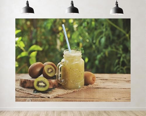 Trykid 7x5ft Kiwi Fruit Smoothie Backdrop Fresh Healthy Drink Wooden Table Organic Food Photography Background Tapestry Party Decoration Photo Studio Prop Fabric Backdrop - size: 7x5ft