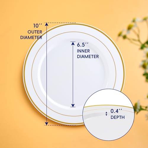 JOLLY CHEF 100 Pieces Gold Plastic Plates, 10 Inch Elegant Disposable Dinner White with Gold Rim, Disposable Plastic Plates for Christmas, Birthdays and Weddings - style: Gold-100