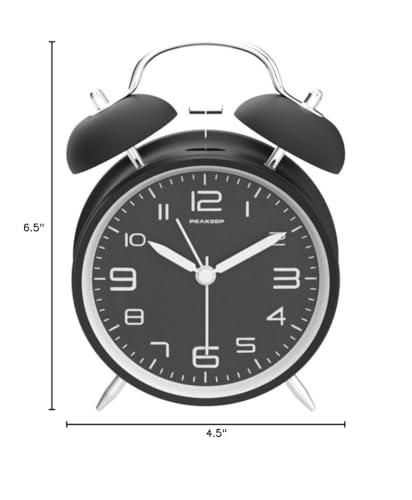 Peakeep 4 Inches Twin Bell Loud Alarm Clock for Heavy Sleepers, Backlight, Battery Operated Old Fashioned Alarm Clock for Bedrooms (3D-Dial, Black)
