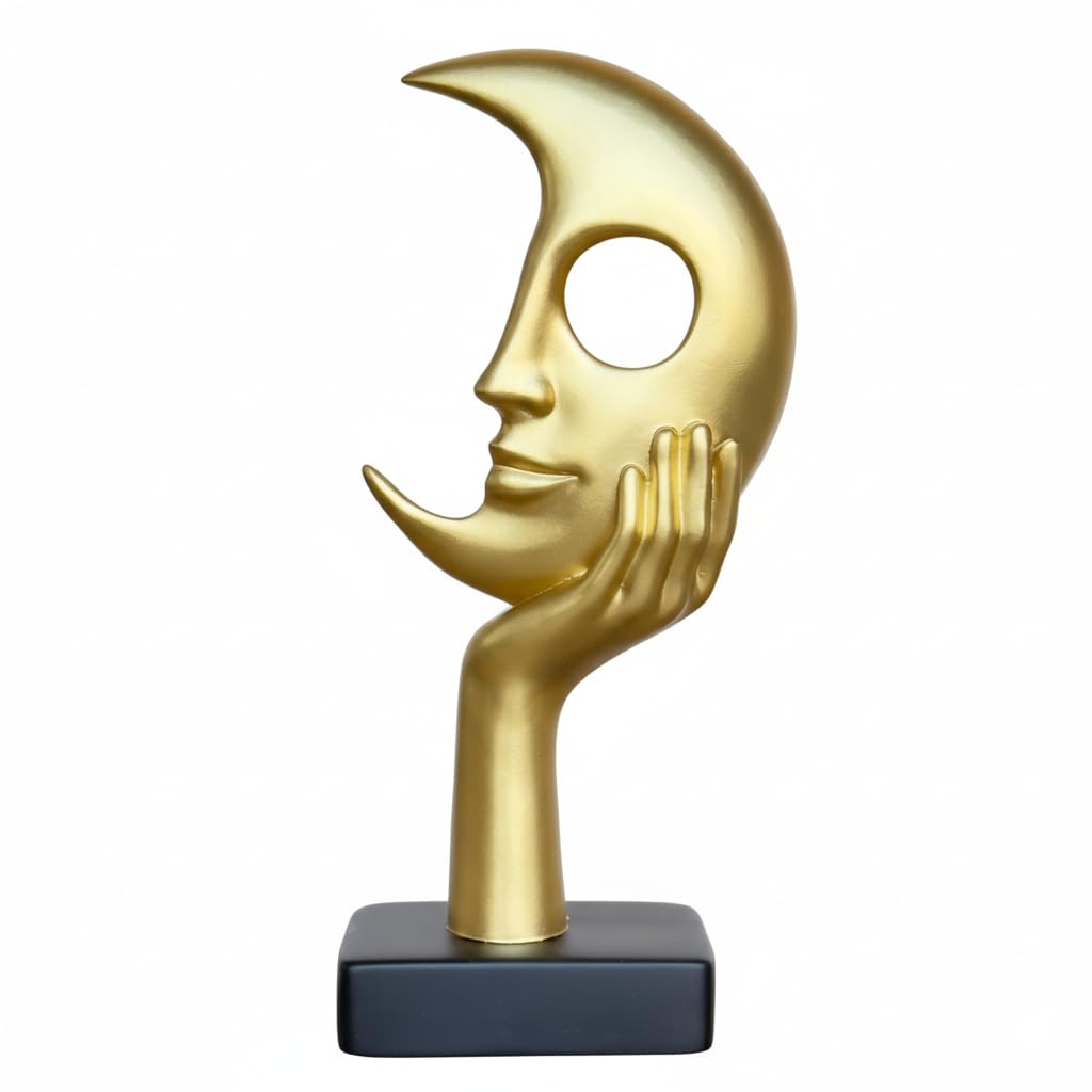 Lodkksg Gold Moon Face Sculpture with Hand, Modern Abstract Art Decor, Black Base